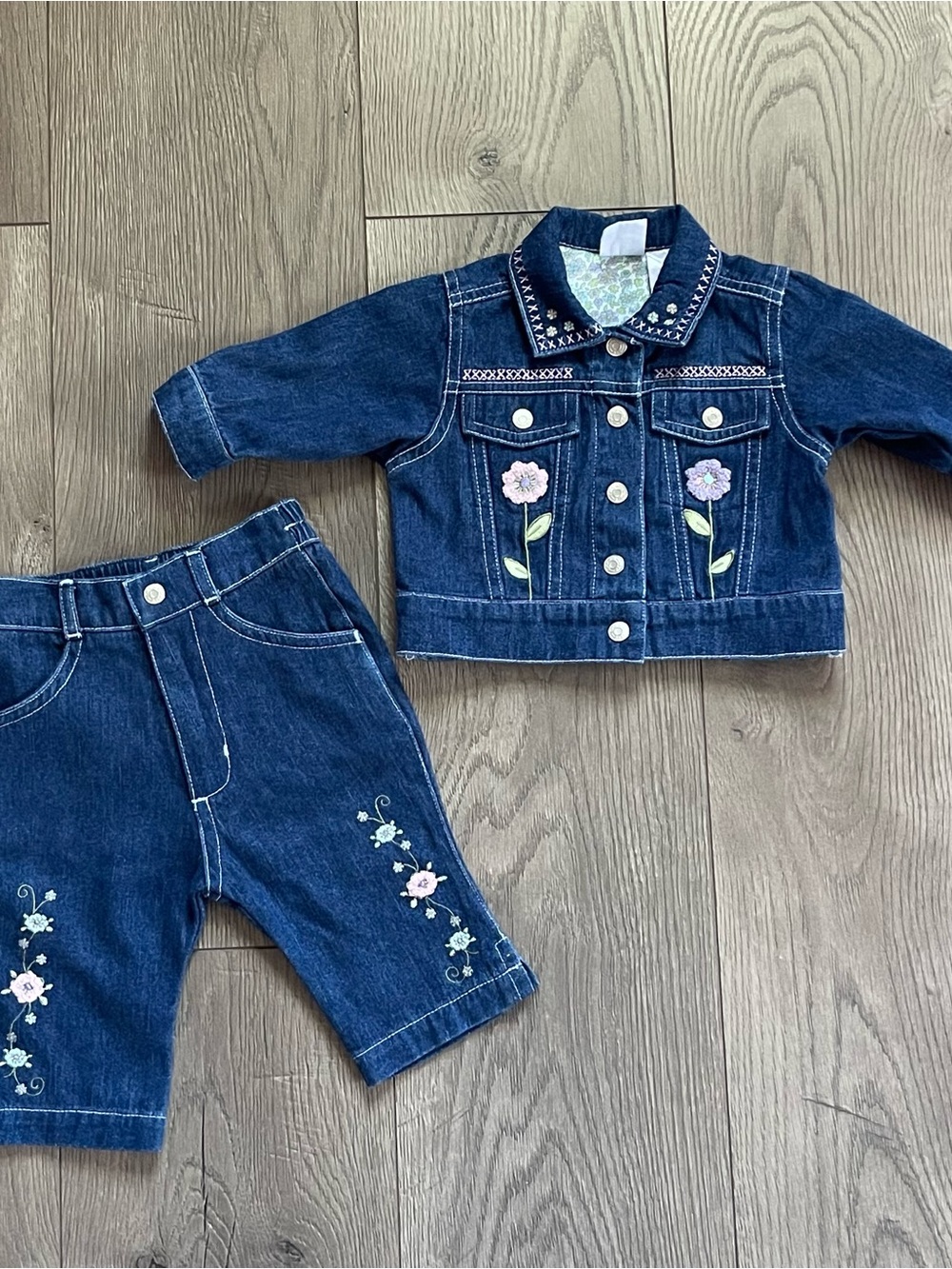 Cherokee Baby 3m Infant Floral Embroidered Denim Jacket and Jeans Matching Set